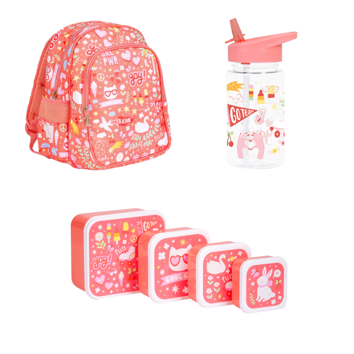 Pack Mochila Grande Fun, Botella Fun y Lunch & Snackbox Fun para Niños