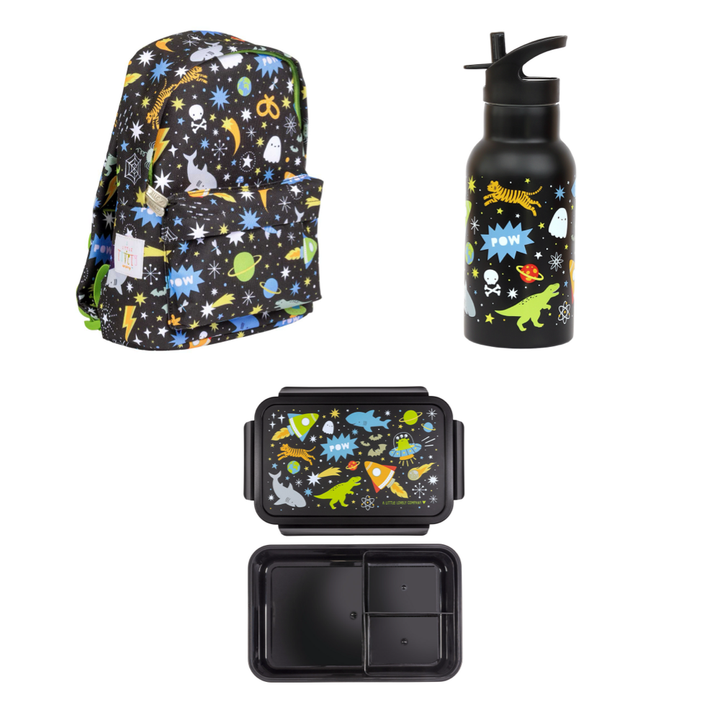 Mochila Pequeña Galaxy, Botella de Acero y Tupper Galaxy Little para Niños