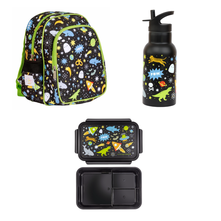 Mochila Grande Galaxy, Botella de Acero y Tupper Galaxy Little para Niños