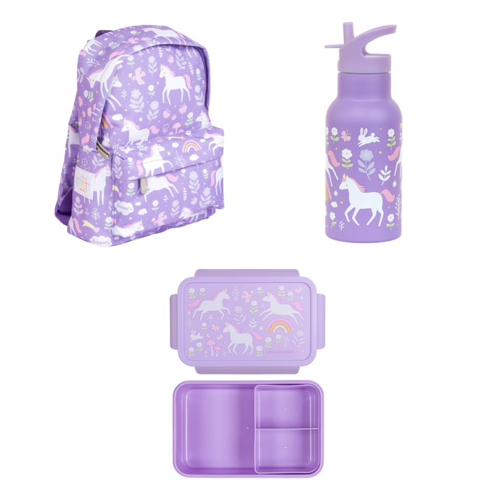 Mochila Pequeña Unicorn, Botella de Acero y Tupper Unicorn Little para Niños