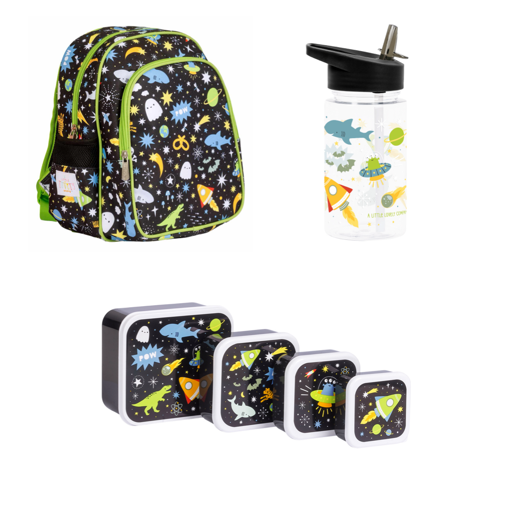 Pack Mochila Grande Galaxy, Botella Galaxy y Lunch & Snackbox Galaxy para Niños