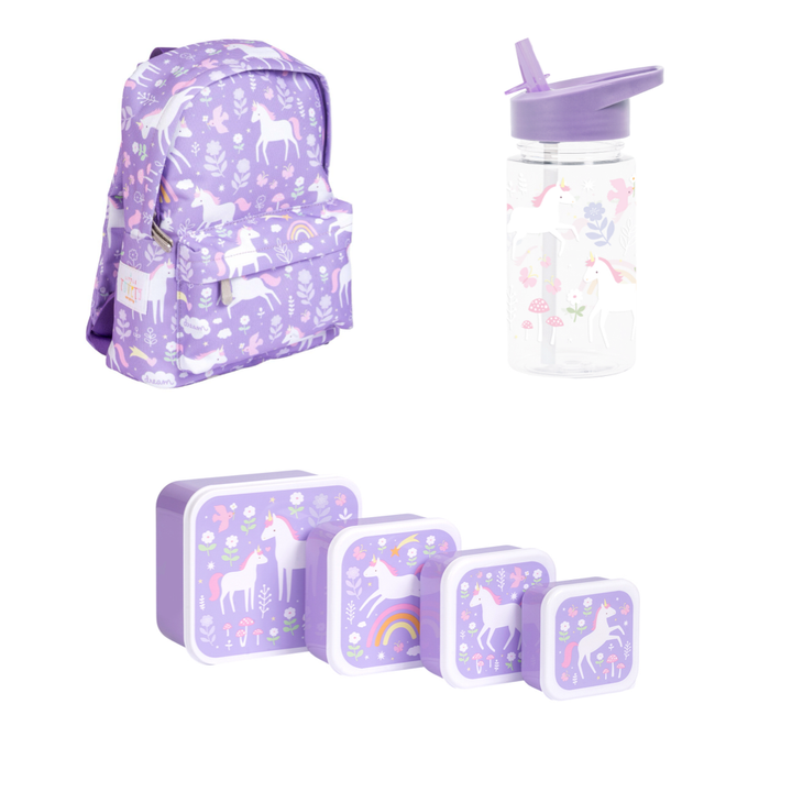 Mochila Pequeña Unicorn, Botella Unicorn y Lunch & Snackbox Unicorn para Niños