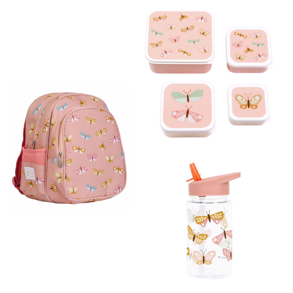 Pack Escuela  y Guardería Mariposas Mochila + Botella + Caja Almuerzo