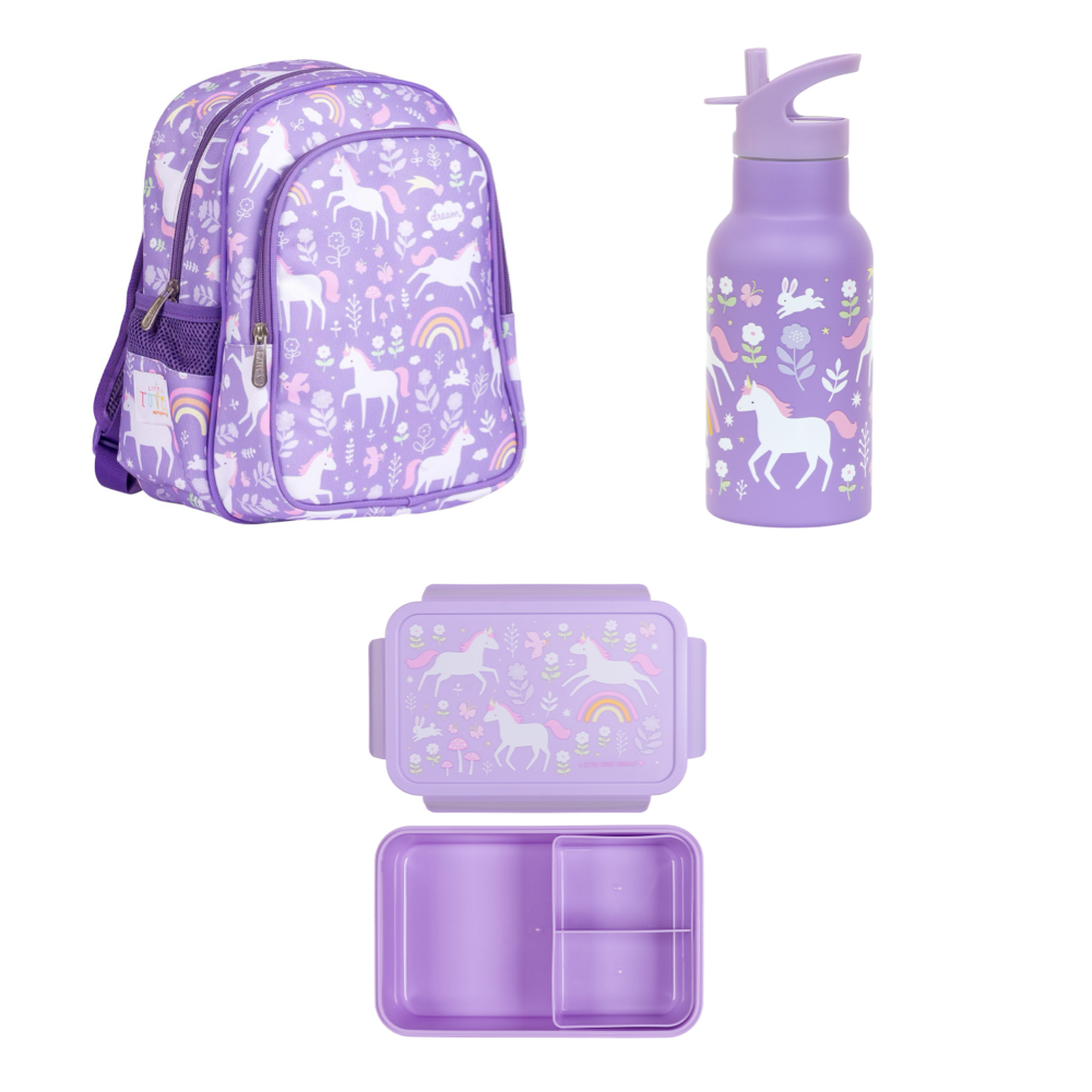 Mochila Grande Unicorn, Botella de Acero y Tupper Unicorn Little para Niños