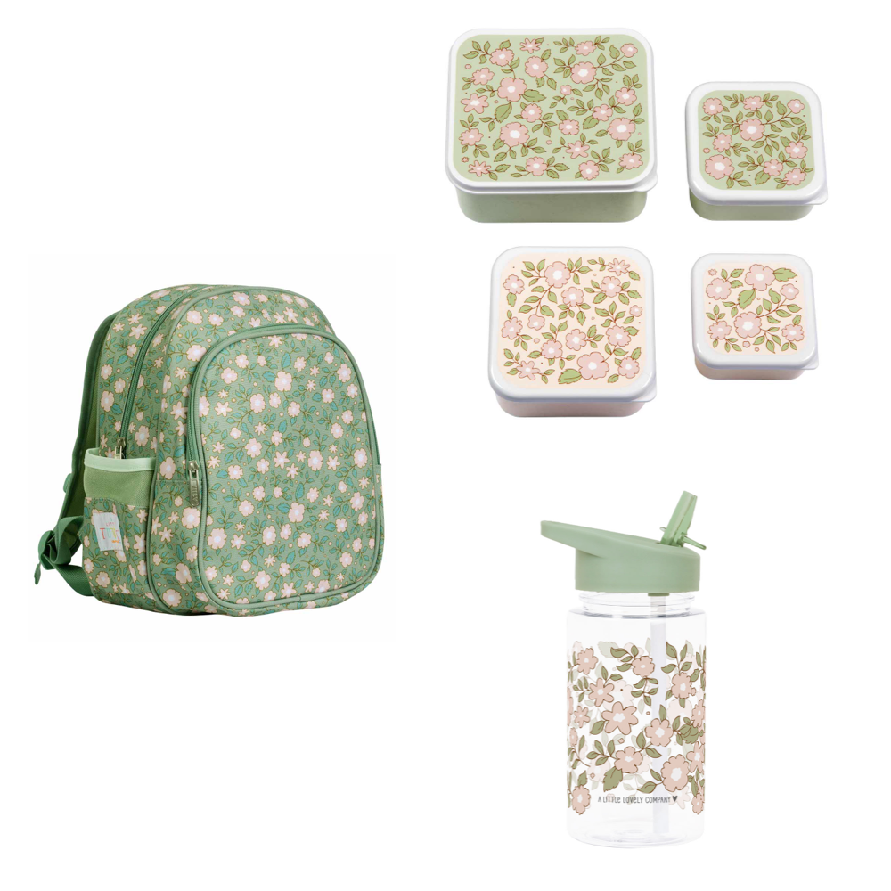 Pack Escuela  y Guardería Blossoms Verde Mochila + Botella + Caja Almuerzo