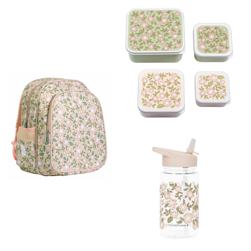 Pack Escuela  y Guardería Blossoms Rosa Mochila + Botella + Caja Almuerzo