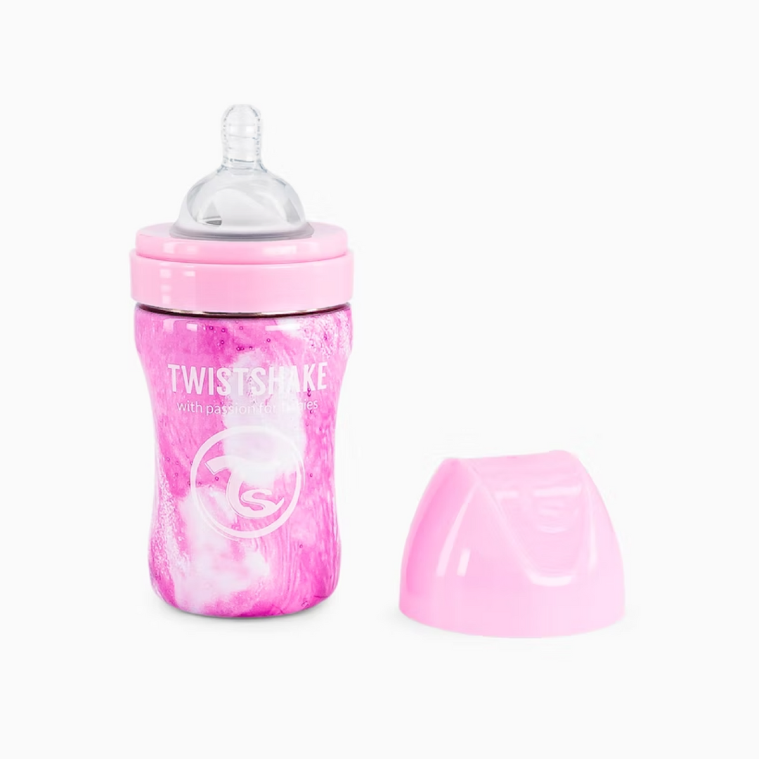 Biberón Acero Anticólico 260ml Estampado Mármol Rosa Twistshake