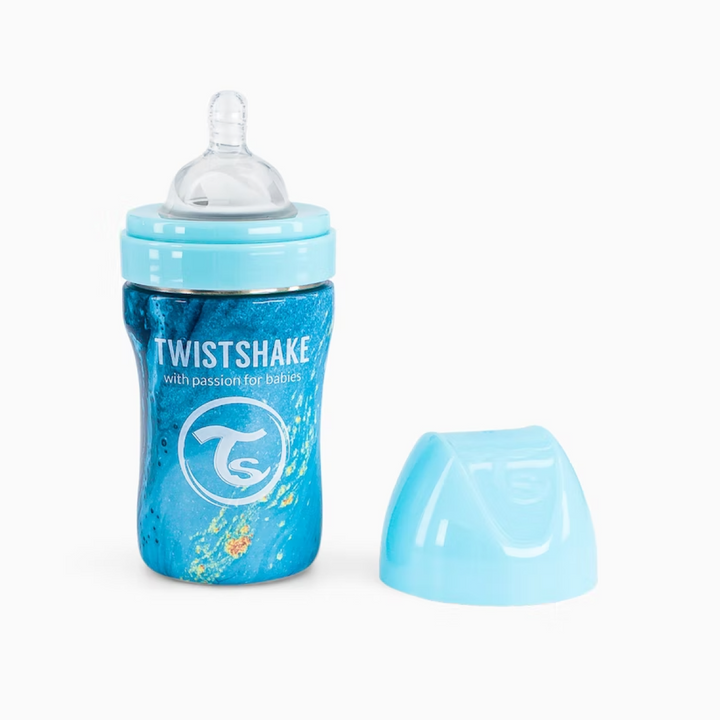 Biberón Acero Anticólico 260ml Estampado Mármol Azul Twistshake