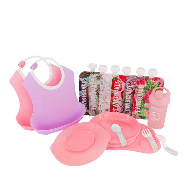 Pack Twistshake Babero Biberón Cubiertos Plato Rosa