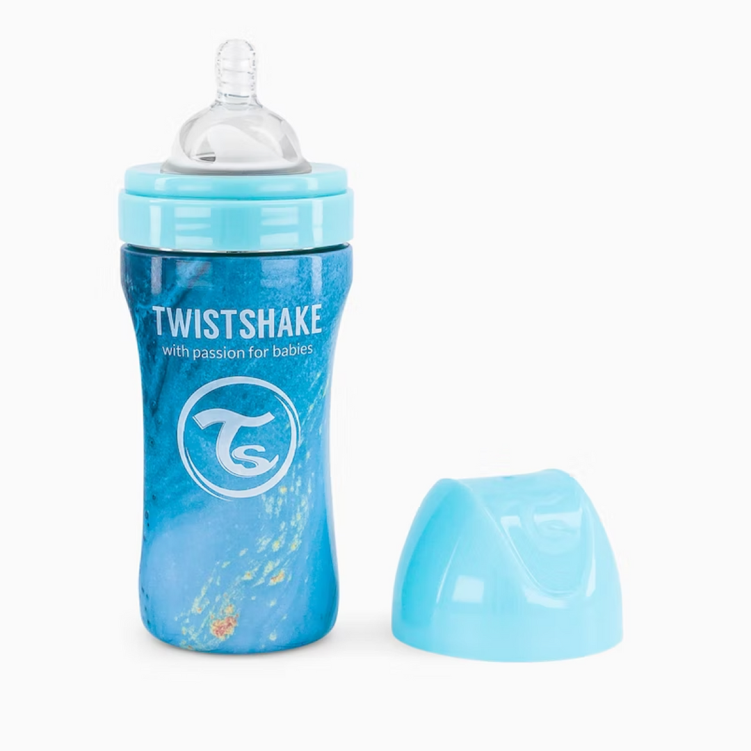 Biberón Acero Anticólico 330ml Estampado Mármol Azul Twistshake