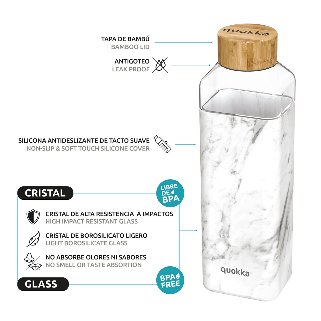 QUOKKA BOTELLA CRISTAL CUADRADA CON FUNDA SILICONA MARBLE 700 ML - Farmashopping